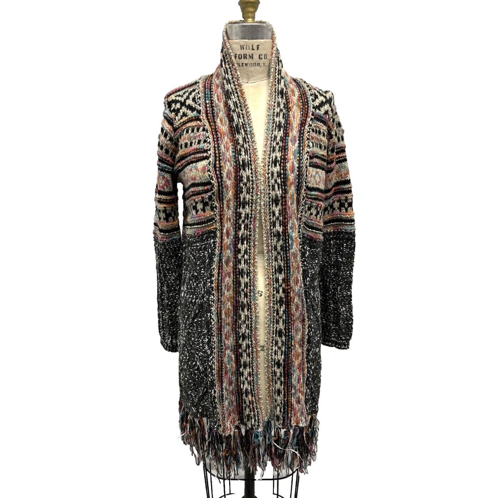 Boho Southwestern Fringe Cardigan Long Tribal Knit Sweater NWT M